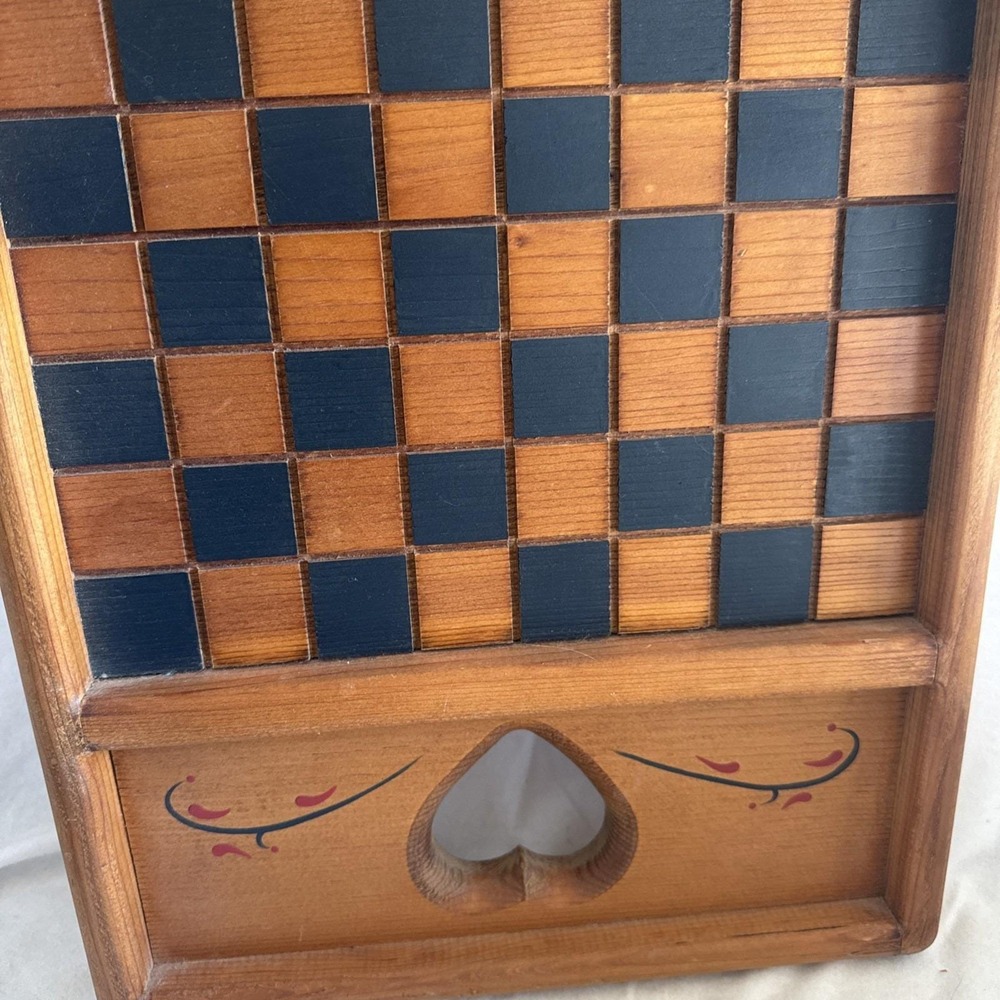 Vintage Cottagecore Wood Checker Board Tray 22x12.5" Blue Red Heart Design Cabin - Picture 5 of 6